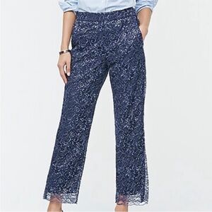 J. Crew Blue Lace Wide Leg Pants with Elegant Print and metallic silver thread